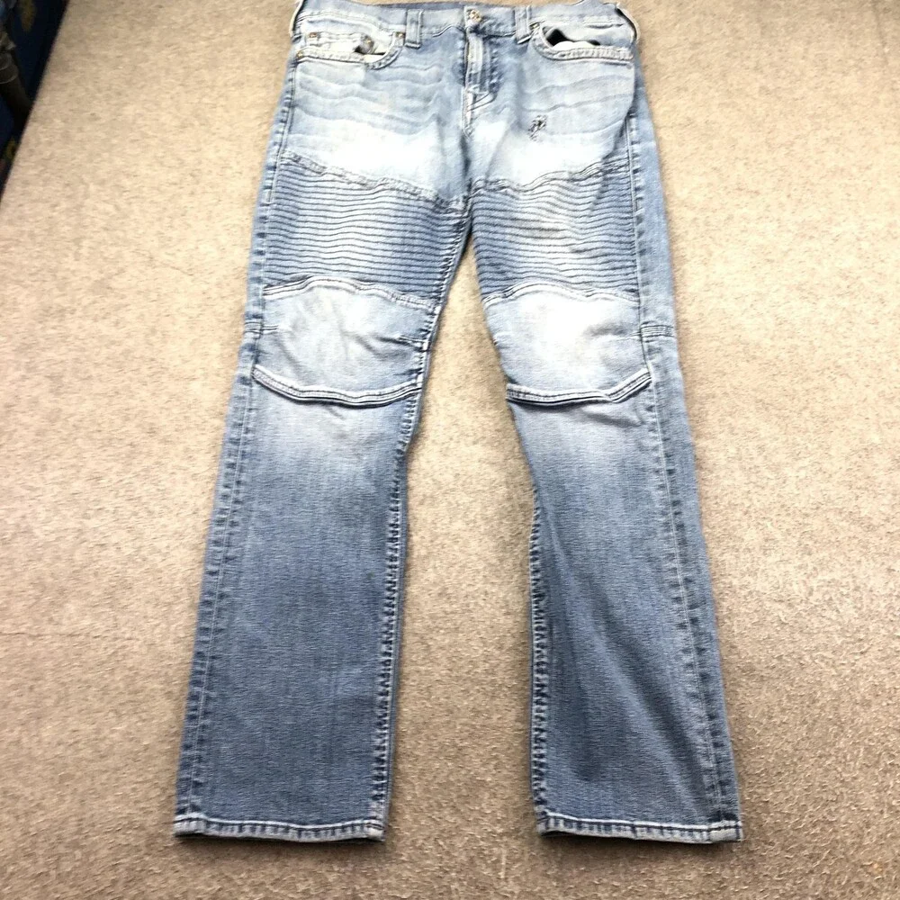 True Religion Jeans Mens 36x33 Blue Light Wash Regular Straight Moto Biker Denim